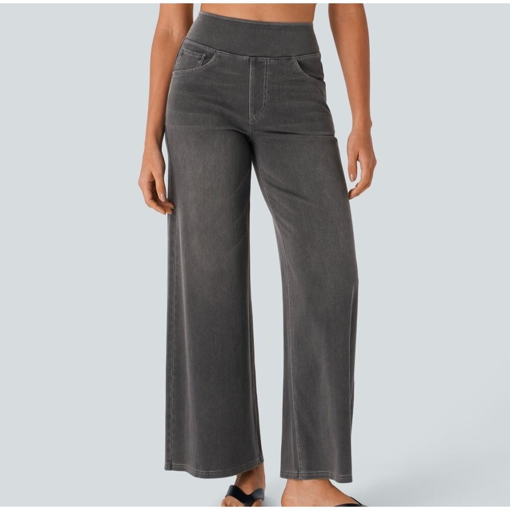 Petite HALARA Black Flex™ High Waist Pockets Baggy Wide Leg Washed Jeans Sz Lg